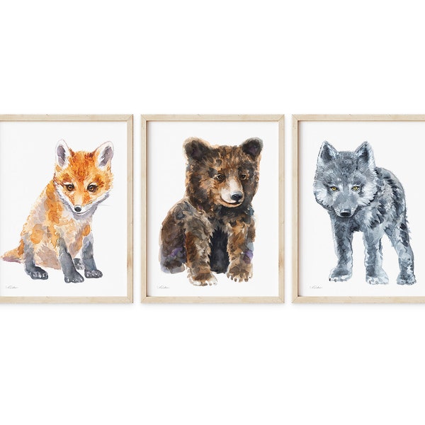 Baby Nursery Decor, Set of 3 Prints, Fox Bear and Wolf, Watercolor Paintings, Boy or Girl Nursery Art, Kids Room Woodland Wall Art Set