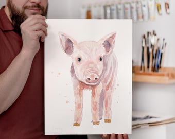 ORIGINAL Baby Pig watercolor painting, hand-painted artwork, one-of-a-kind watercolor original, Baby Room Decor, Wall Decor, Watercolor