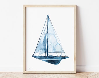 Sailing Boat Watercolor Print, Coastal Wall Art, Nautical Decor, Beach House Art, Indigo, Navy Blue Painting, Summer Beach Poster,