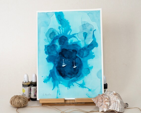 オリジナルの帆船の水彩画、手描きのアートワーク、ユニークな水彩画の 