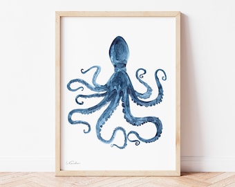 Octopus Watercolor Print, Coastal Wall Art, Nautical Nursery Decor, Beach House Art, Indigo Color, Navy Blue Painting, Summer Beach Poster