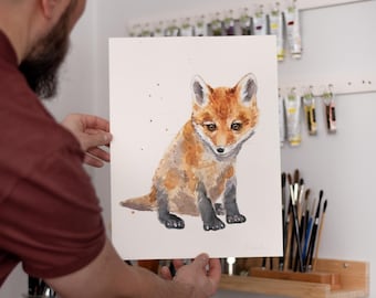ORIGINAL Baby Red Fox watercolor painting, hand-painted artwork, one-of-a-kind watercolor original, Baby Room Decor, Wall Decor,