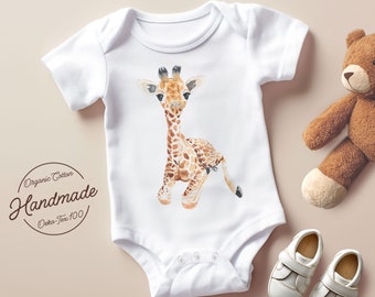 Baby Body mit Giraffen Print, Säugling Baby Body & T-Shirt, Neugeborenen Gender Neutral Outfit, Baby Jungen oder Mädchen Bodysuit.