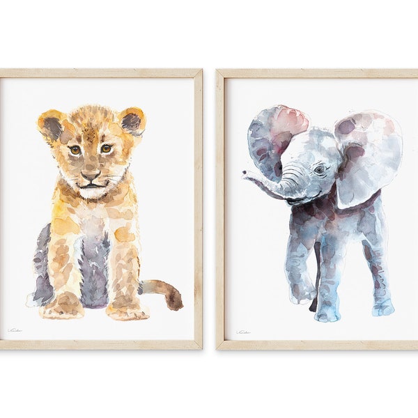 Baby Animal Prints, Set of 2, Baby Room Decor, Lion and Elephant Watercolor Paintings, Boy or Girl Nursery Art, Safari Wall Decor