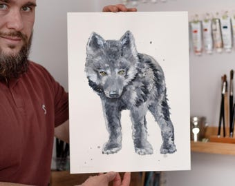 ORIGINAL Black Wolf watercolor painting, hand-painted artwork, one-of-a-kind watercolor original, Baby Room Decor, Wall Decor, Watercolor