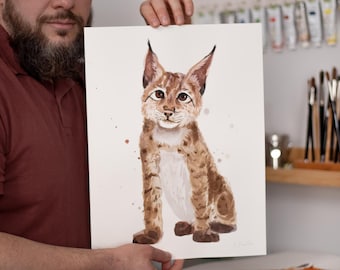 ORIGINAL Eurasian Lynx watercolor painting, hand-painted artwork, one-of-a-kind watercolor original, Baby Room Decor, Wall Decor,