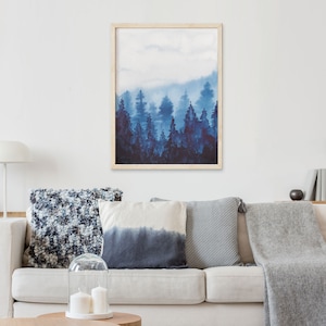 Misty Pine Forest Watercolor Painting Print, Boho Art, Tree Poster ...