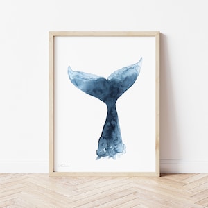 Whale tail Watercolor Print, Coastal Wall Art, Nautical Nursery Decor, Beach House Art, Navy Blue Painting, Summer Beach Poster, fish