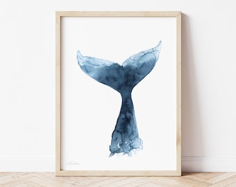Whale tail Watercolor Print, Coastal Wall Art, Nautical Nursery Decor, Beach House Art, Navy Blue Painting, Summer Beach Poster, fish