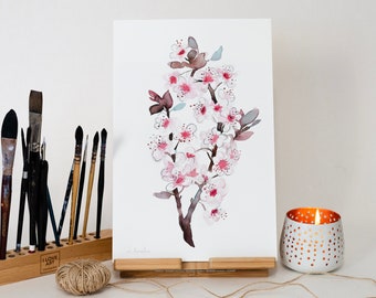 ORIGINAL Cherry Blossom watercolor painting, hand-painted artwork, one-of-a-kind watercolor original, unique wall art, botanical, plant