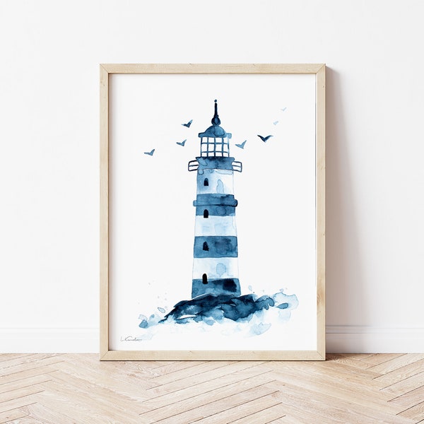 Lighthouse Watercolor Print, Coastal Wall Art, Nautical Nursery Decor, Beach House Art, Indigo, Navy Blue Painting, Summer Beach Poster,