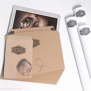 May include: A stack of brown paper envelopes with a string tied around them. The envelopes have a logo that says "Luke Kanelov" and a website address. There are also three white tubes with the same logo on them.