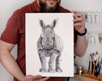 ORIGINAL Baby Rhino watercolor painting, hand-painted artwork, one-of-a-kind watercolor original, Baby Room Decor, Wall Decor,