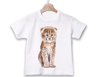 T-shirt enfant Baby Cheetah, cadeau d’anniversaire de garçon, chemise d’animal safari, t-shirt mignon pour tout-petit, aquarelle pour enfants, cadeau de douche de bébé