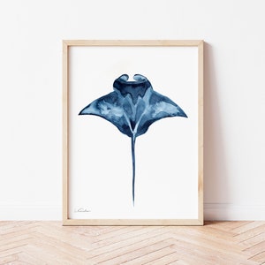 Manta Ray Watercolor Print, Coastal Wall Art, Nautical Nursery Decor, Beach House Art, Indigo Color, Navy Blue Painting, Summer Beach Poster