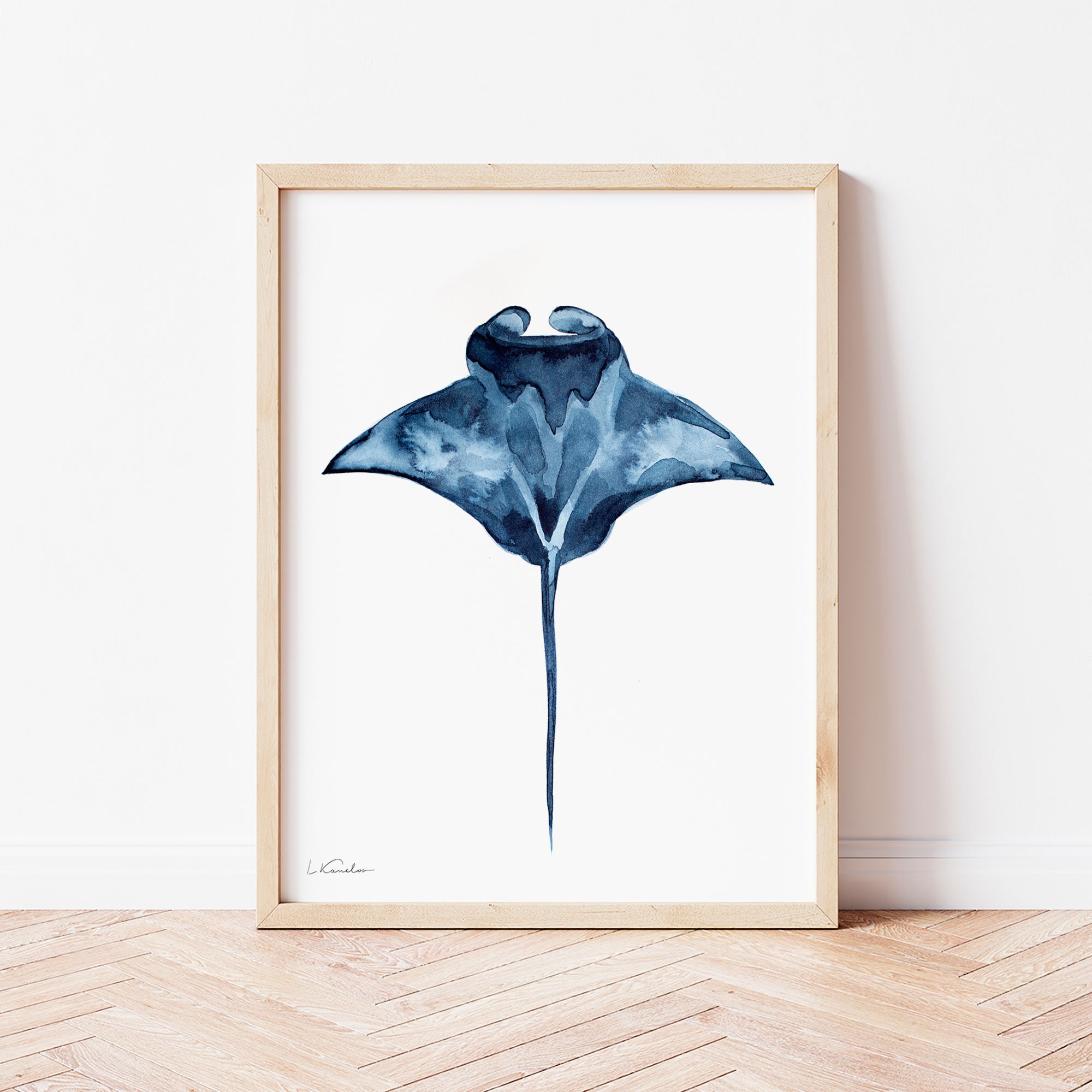 Manta Ray Watercolor Print, Coastal Wall Art, Nautical Nursery Decor, Beach House Art, Indigo Color, Navy Blue Painting, Summer Beach Poster