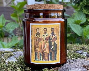 Pure beeswax Orthodox jar candle - Three Holy Hierarchs; Saint Gregory the Theologian, Saint Basil the Great, Saint John Chrysostom