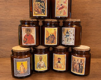 CUSTOM - Pure beeswax Orthodox jar candle - choose your own Saint / icon