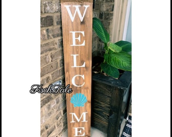 Large Nautical Welcome Sign – Beach Decor with Seashell, Wood Porch Sign (8" x 48")