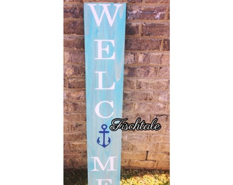 Rustic Nautical Welcome Sign – Anchor Porch Decor, 4ft Wood