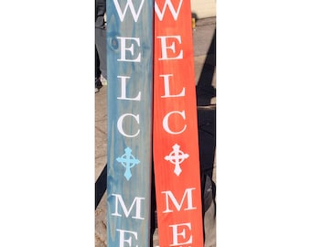 Large Welcome Sign with Cross – Hand Painted Religious Porch Decor