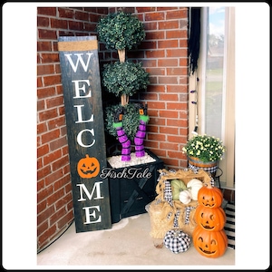 Large Shutter Style Sign with pumpkin Welcome Porch French Welcome Rustic symbol Porch Sign Welcome Halloween gourd 5 foot image 1