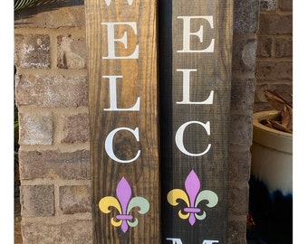 Fleur De Lis Mardi Gras Welcome Sign – Jester Hat Wooden Porch Leaner - 3 foot