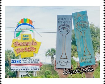 Pensacola Beachball Tower Sign - Engraved Pcola Beach Sign - Rustic Pensacola Water Tower Sign - Coordinates Sign - Beach ball Style Sign