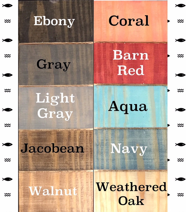 Op de afbeelding: Een kleurenkaart voor houtbeits met 10 verschillende houtbeitskleuren. De kleuren zijn Ebony, Coral, Grey, Barn Red, Light Grey, Aqua, Jacobean, Navy, Walnut en Weathered Oak.