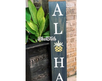 Large aloha Sign with pineapple - tropical welcome - Wood Sign -  any symbol aloha - pineapple Porch Sign - aloha Sign - aloha - 48x8