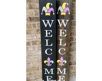 Large Welcome Sign with Fleur de Lis symbol - Mardi Gras Welcome - Jester Sign -  boom boom Welcome - Porch Sign - Welcome fleur de lis Sign