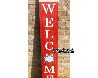 Large Welcome Shutter Style Sign with crab  - crab Welcome sign - Rustic symbol Porch Sign - Welcome seafood - nautical - 5 foot