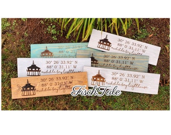 Engraved Middle Bay Lighthouse Coordinates Sign – Rustic Farmhouse Decor