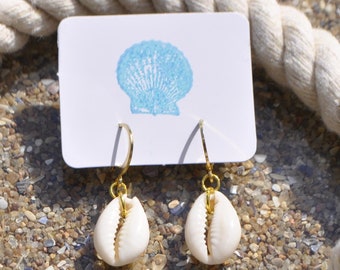 Cowrie Shell Earrings: Gold Plated Huggie Hoops, Florida Beach Jewelry
