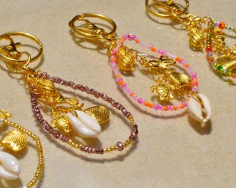 Beaded Gold Seashell Purse Charm: Cowrie Shell Keychain