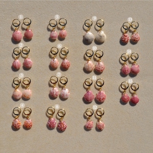 Boucles d'oreilles en calicot et coquilles Saint-Jacques : créoles Huggie en plaqué or, bijoux de Floride faits main, collection Blind Pass Beach