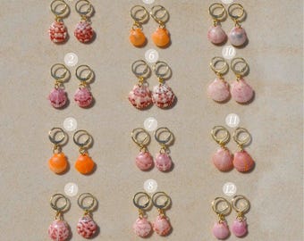 Calico Scallop Shell Earrings: Sanibel Seashell Huggie Hoops, Dixie Beach Collection