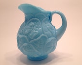 Vintage Fenton Pitcher Water Lily Pattern Blue Glaze Beautiful piece 7 inches Tall 1970S Gifts For Her