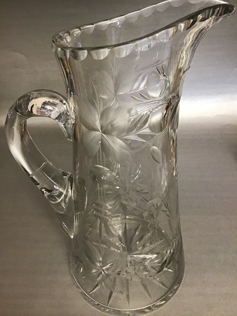 Vintage Crystal Etched Pitcher Floral Pattern Elegant Crystal Etsy