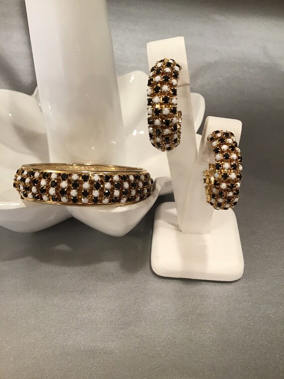 Vintage Rhinestone Bracelet Earring Set Black And