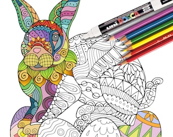 Easter Bunny coloring page, Rabbit Coloring Page, PDF zentangle printable coloring page, Easter collection