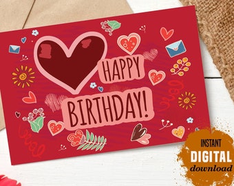 Printable Happy Birthday greeting card, Diy birthday card red heart