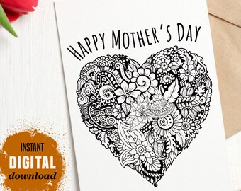 Happy Mother's Day Card, INSTANT DOWNLOAD Coloring page, Printable floral greeting card for mom