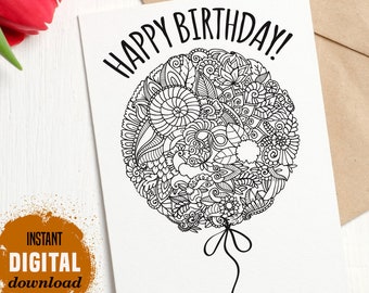 Carte de voeux florale pour anniversaire, page de coloriage imprimable, carte d'anniversaire drôle, ballon de carte d'anniversaire bricolage