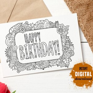 Cartão floral de feliz aniversário, página para colorir para imprimir, cartão floral, cartão de aniversário faça você mesmo