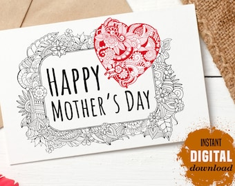 Mother's Day Card, INSTANT DOWNLOAD Coloring page, Printable floral greeting card for mom