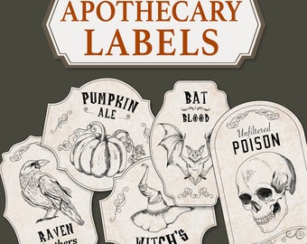 Etichette da farmacia stampabili per decorazioni di Halloween, decorazioni fai da te di Halloween dall'aspetto vintage