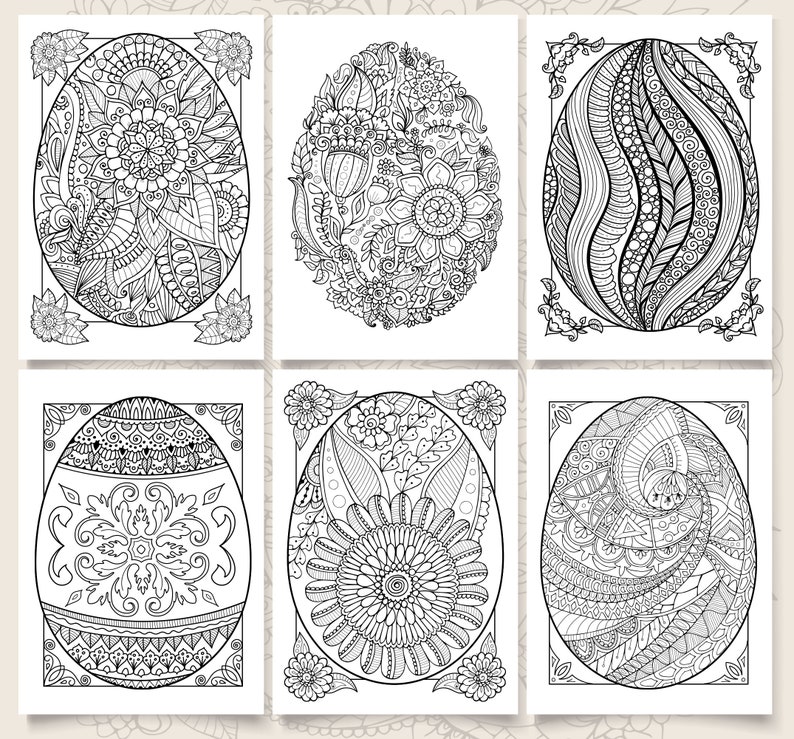 Easter Eggs coloring book, 6 PDF detailed coloring pages, Zentangle printable coloring pages, Easter collection image 2