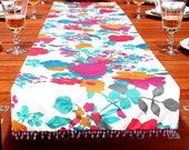 Floral RetroTable Runner Aqua Reversible Table Runner Summer Spring Table Decor Bead Fringe Table Runner Garden Decor Outdoor Dinner Table