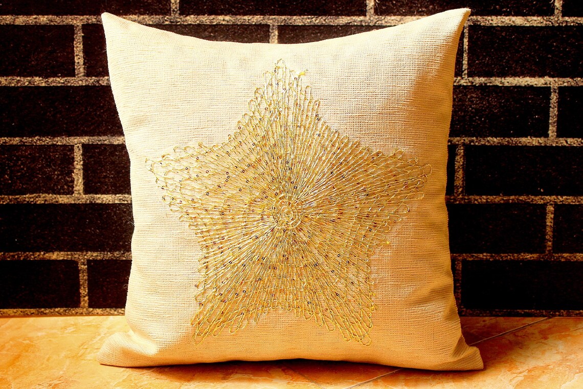Gold Star knitted Pillow Covers Sequin Gold Star Cushion Etsy